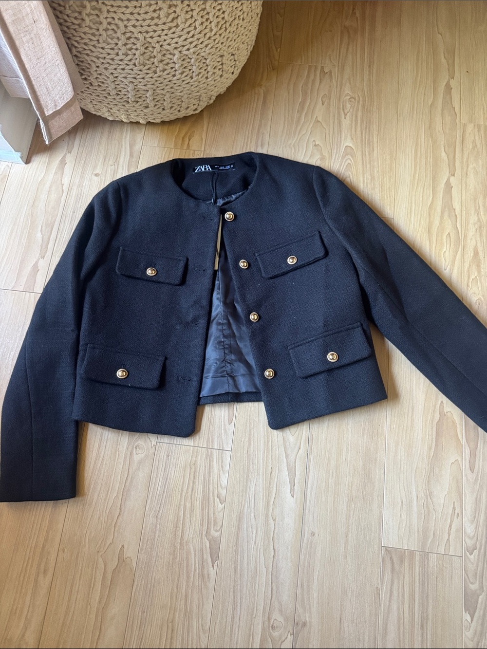 Zara Black Cropped Structured Jacket with Gold Buttons